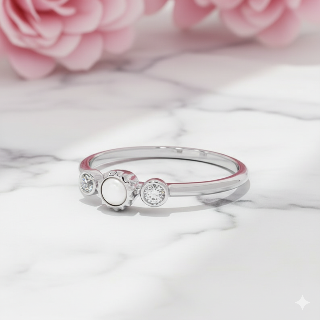 14K Solid Gold Pearl Moissanite Ring • Dainty Stacking Ring • Minimalist Pearl Band