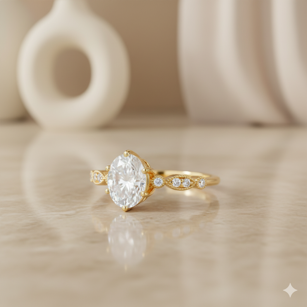 1.330ct Oval Moissanite Engagement Ring • Vintage Milgrain Bridal Ring