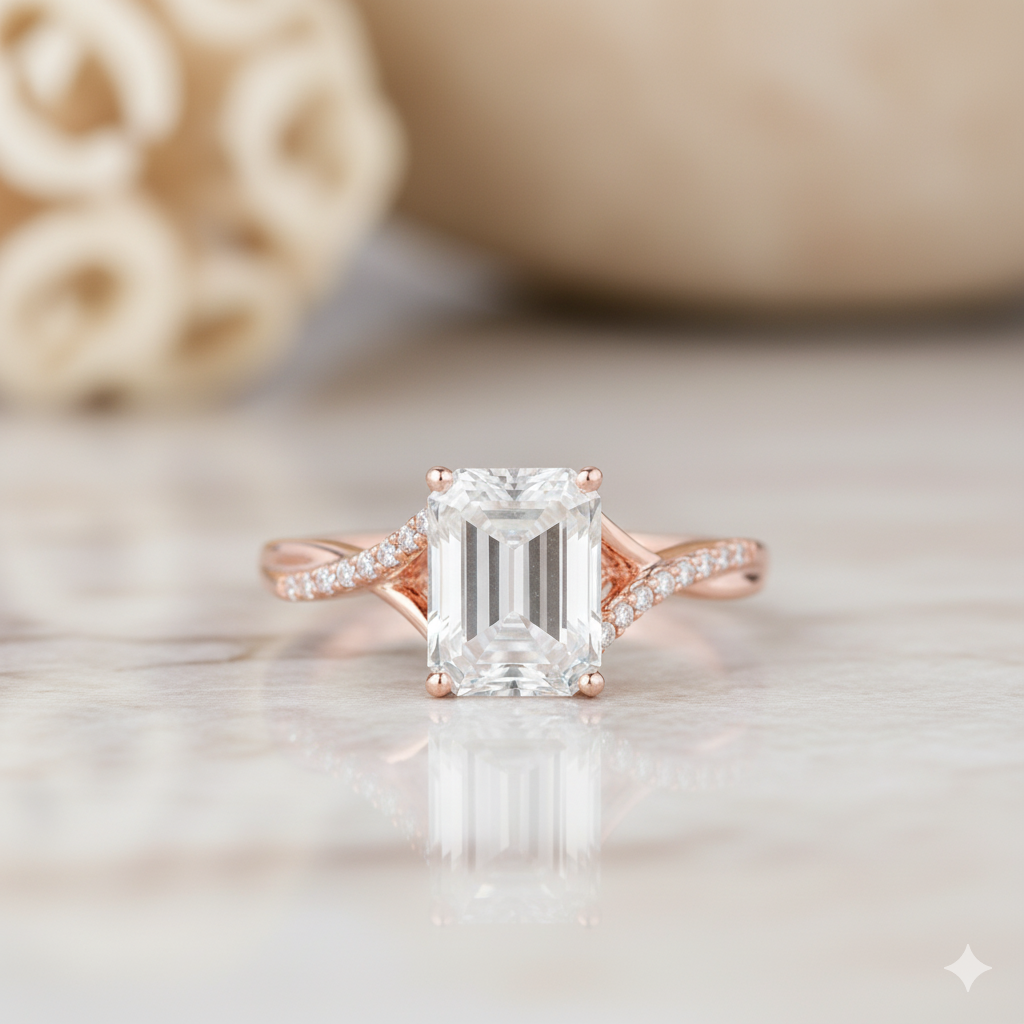 1.330ct Emerald Cut Moissanite Engagement Ring Twist Split Shank Ring