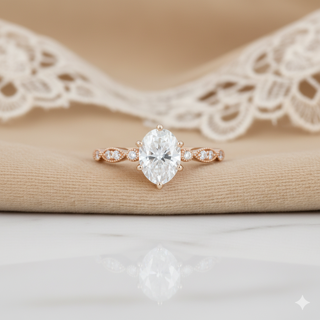 1.330ct Oval Moissanite Engagement Ring • Vintage Milgrain Bridal Ring