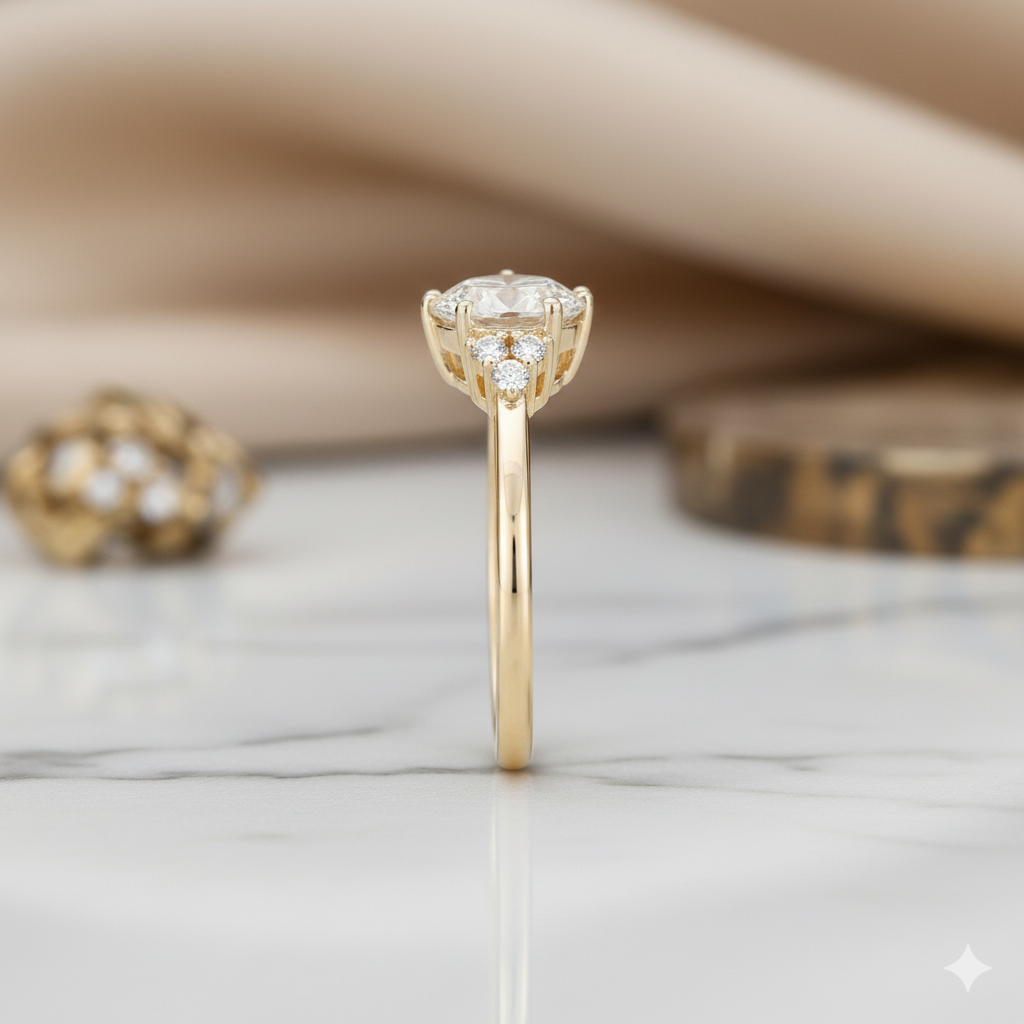 1.06ct Round Cut Moissanite  Cluster Engagement Ring 14K Solid Yellow Gold