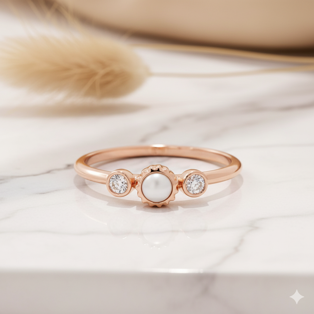 14K Solid Gold Pearl Moissanite Ring • Dainty Stacking Ring • Minimalist Pearl Band