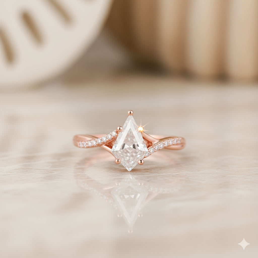 1.330ct Kite Shaped Moissanite Engagement Ring • Unique Twist Split Shank Ring