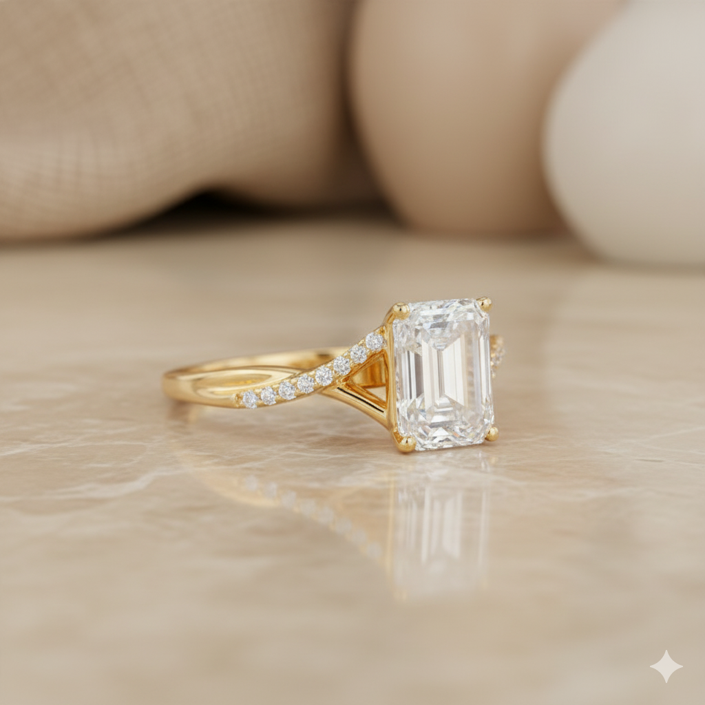 1.330ct Emerald Cut Moissanite Engagement Ring Twist Split Shank Ring