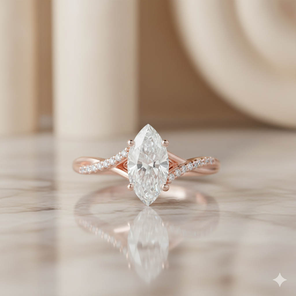 1.08ct Marquise Moissanite Engagement Ring • Rose Gold Split Shank Diamond Ring