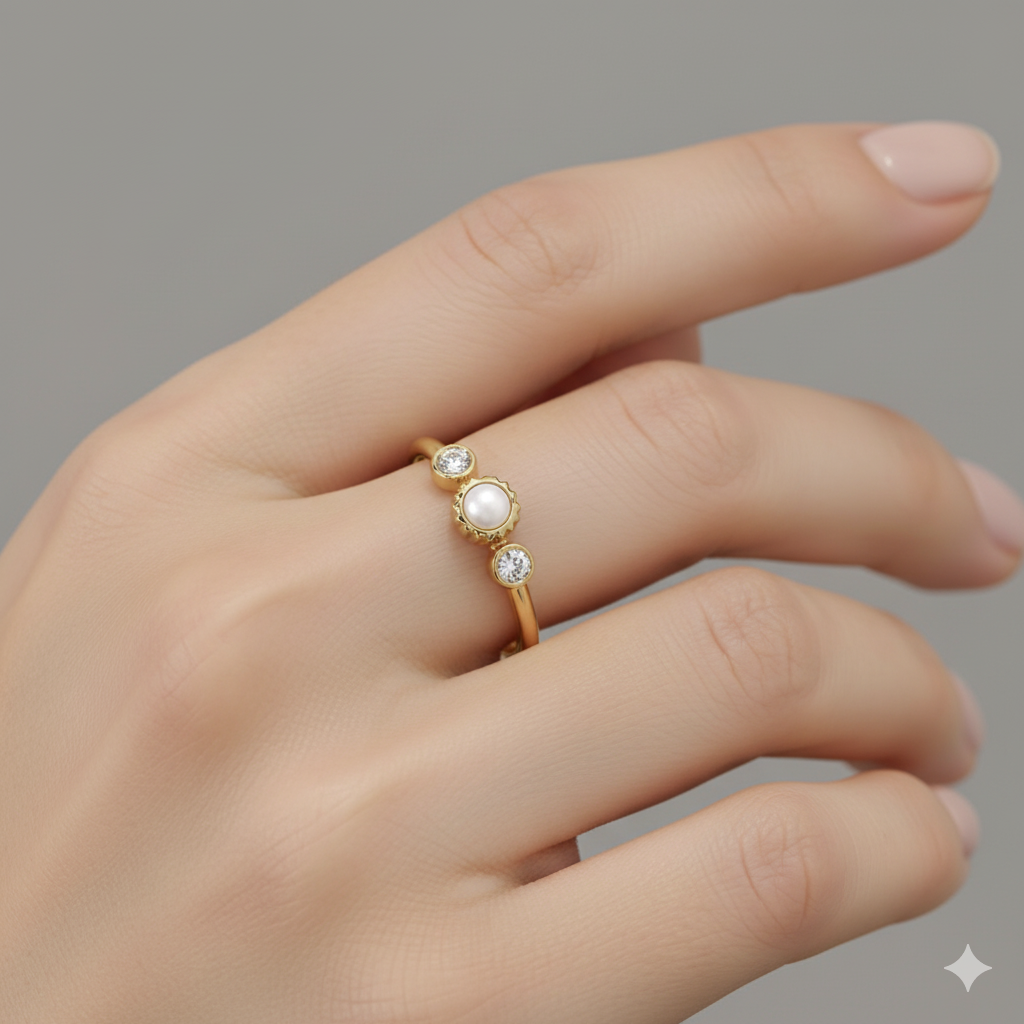 14K Solid Gold Pearl Moissanite Ring • Dainty Stacking Ring • Minimalist Pearl Band