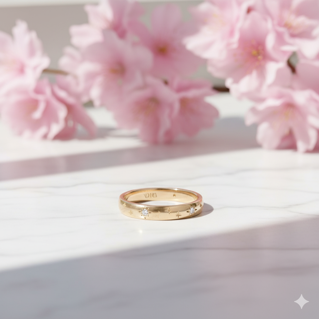 14K Solid Gold Starburst Moissanite Ring • Celestial Wedding Band Women