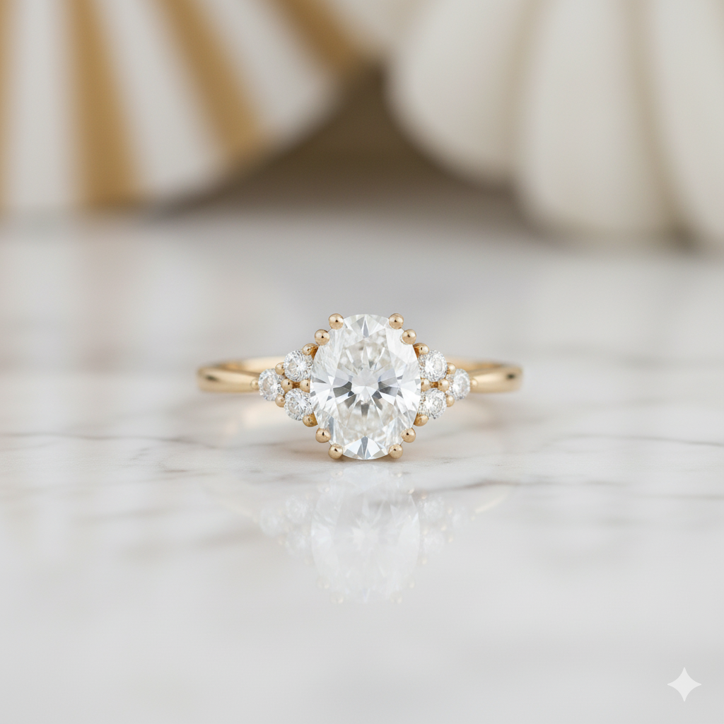 1.400ct Oval Moissanite Engagement Ring • Vintage Cluster Diamond Ring