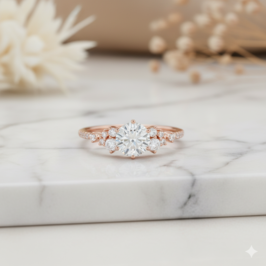 1.300CT Unique Round Cut Moissanite Engagement Ring 14k Yellow Gold