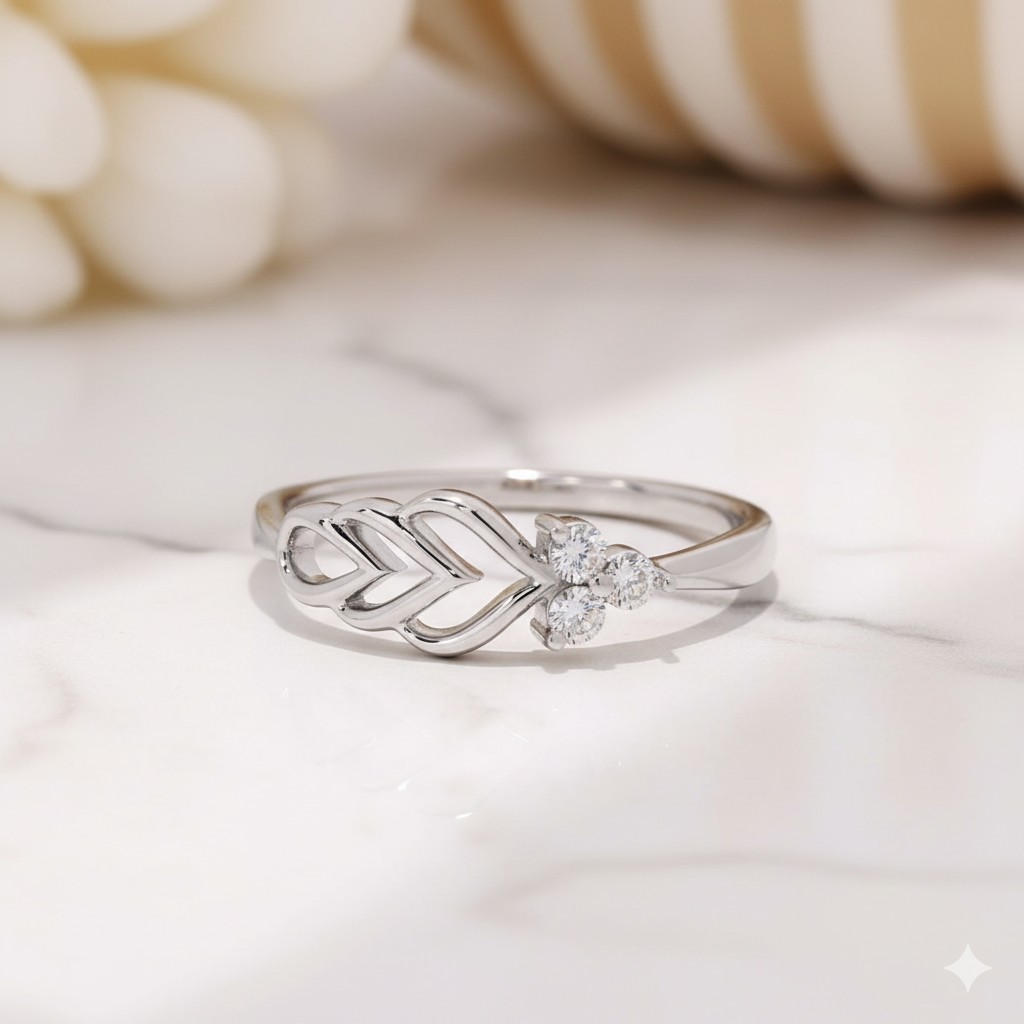 14K Solid Gold Leaf Moissanite Ring Floral-Inspired • Dainty Band