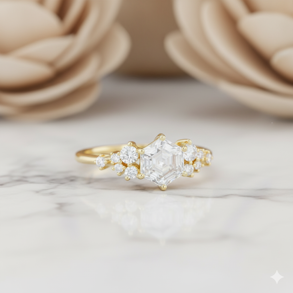 1.200CT Vintage Hexagon Cut Center Stone • Diamond Cluster Bridal Ring