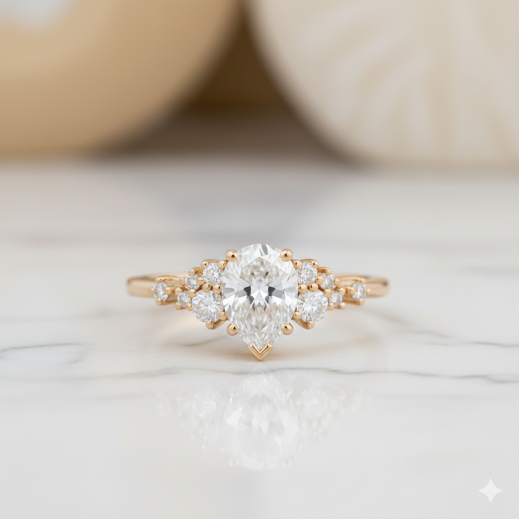 1.450ct Pear Shaped Moissanite Engagement Ring • Vintage Yellow Gold Cluster Ring