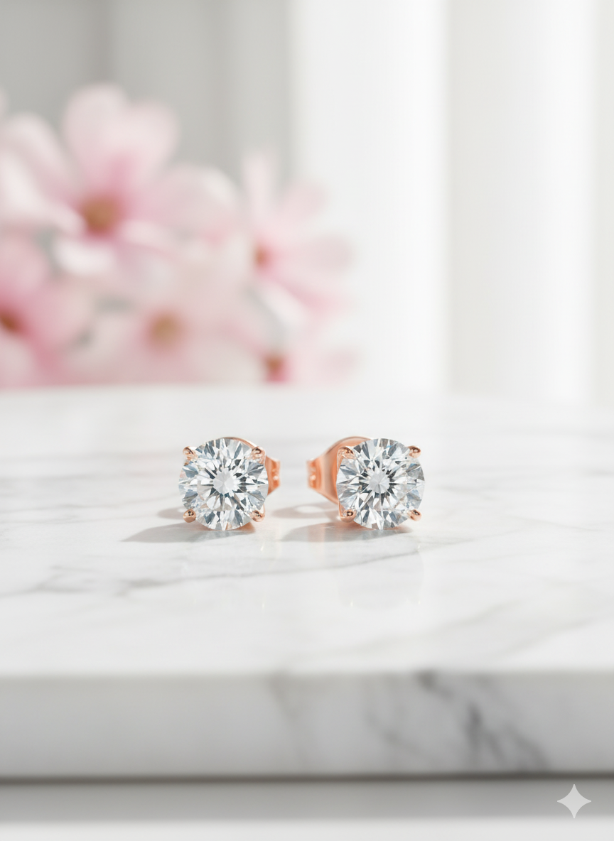 1/2 Carat Round Moissanite Stud Earrings • 14K Yellow Gold Dainty Solitaire Earrings