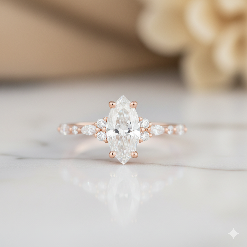 1.210ct Marquise Cut Moissanite Engagement Ring • Vintage Rose Gold Ring