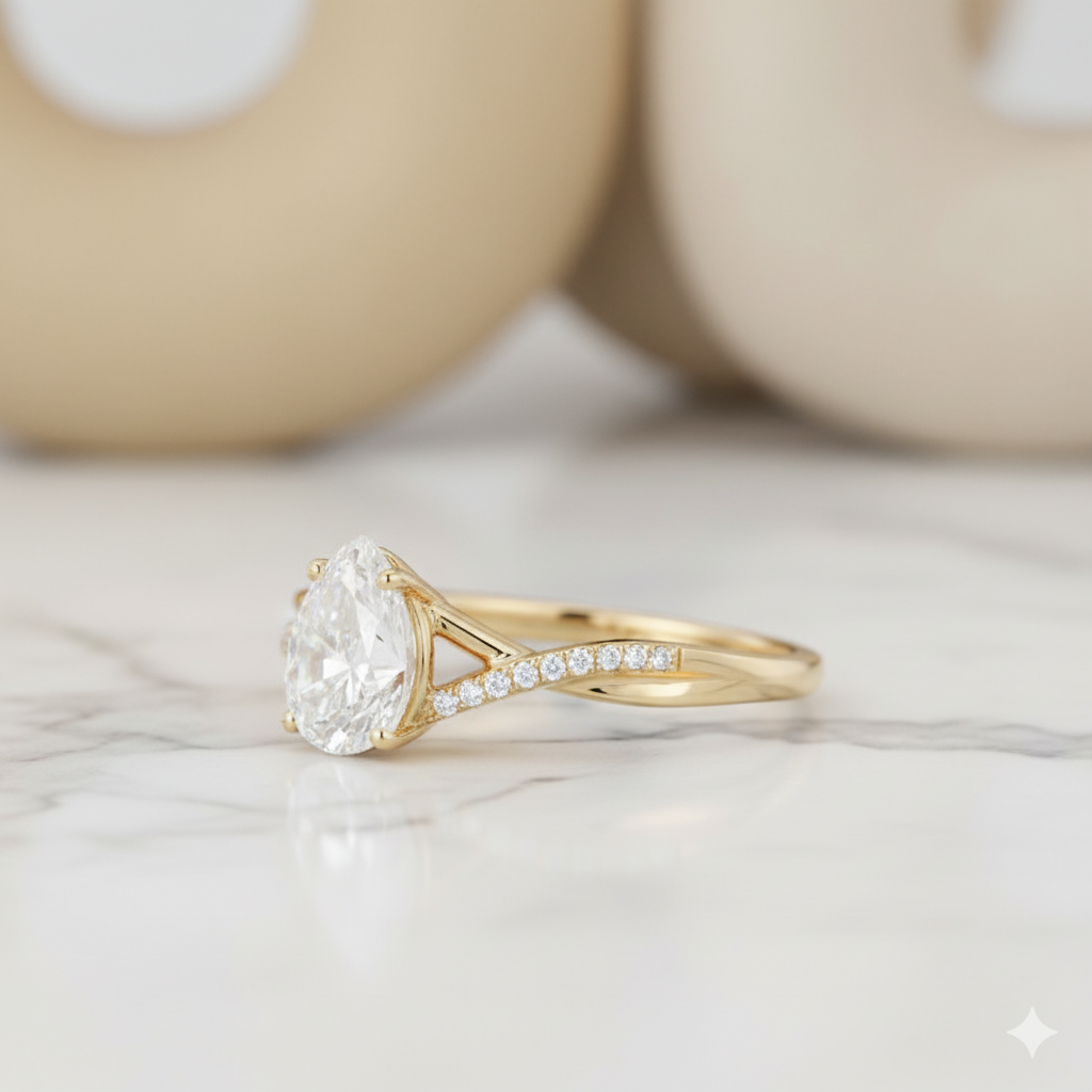 1.330ct Unique Pear-Shaped Moissanite Engagement Ring 14K Solid Yellow Gold