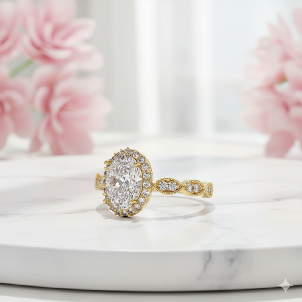 1.450ct Art Deco Oval Cut Halo Moissanite Engagement Ring 14K Solid Gold