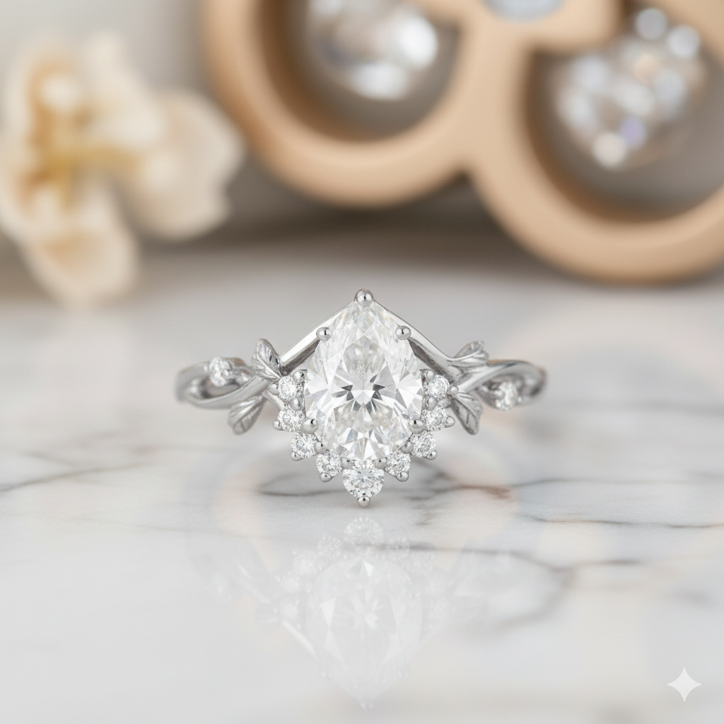 1.390ct Pear Moissanite Leaf Engagement Ring 14K Rose Gold Nature-Inspired Moissanite Ring