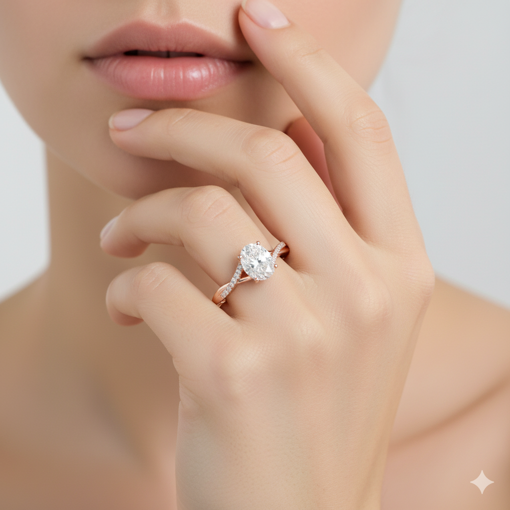 2.50CT Oval Cut Moissanite Engagement Ring • Dainty Twist Split Shank Ring