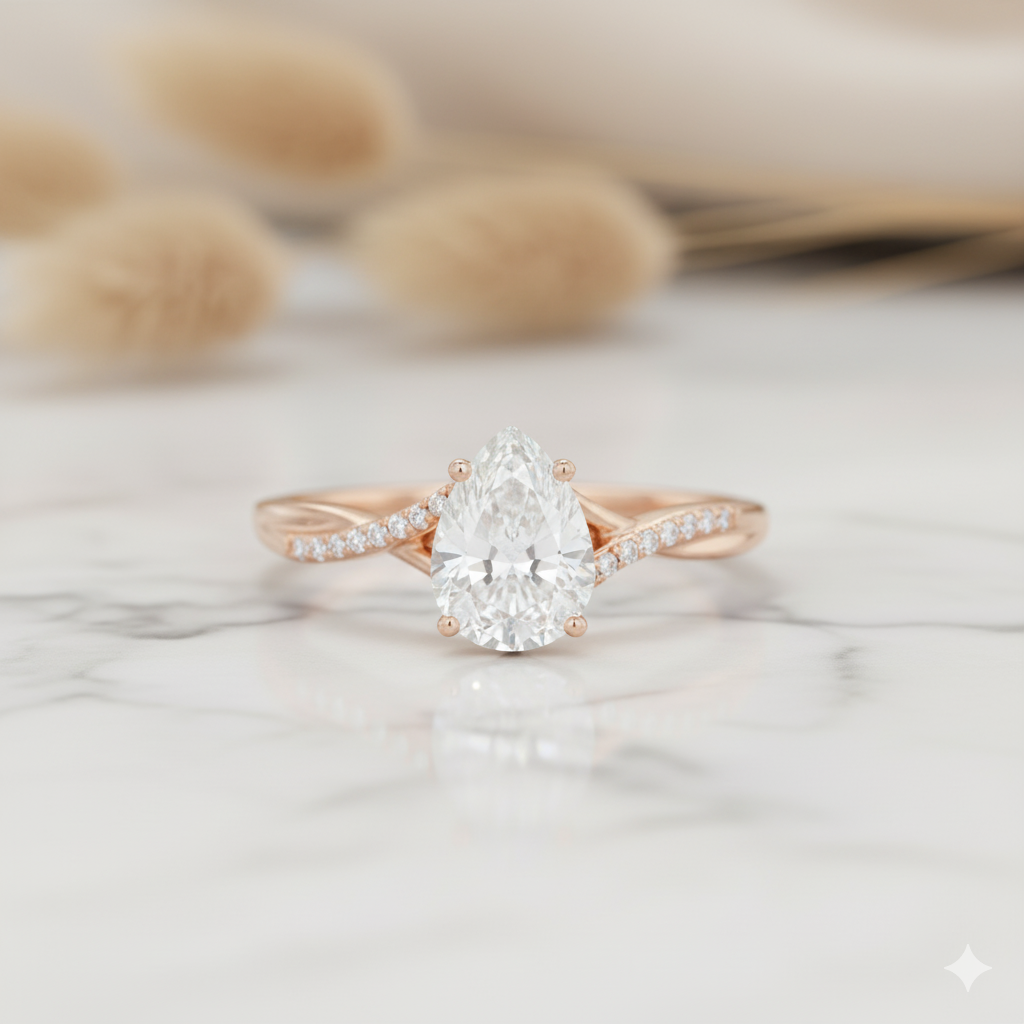 1.330ct Unique Pear-Shaped Moissanite Engagement Ring 14K Solid Yellow Gold