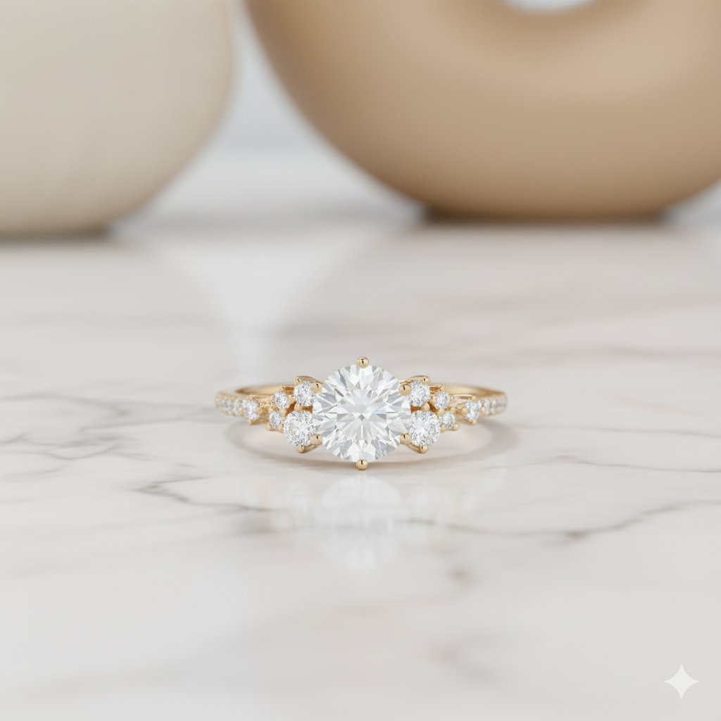 1.300CT Unique Round Cut Moissanite Engagement Ring 14k Yellow Gold