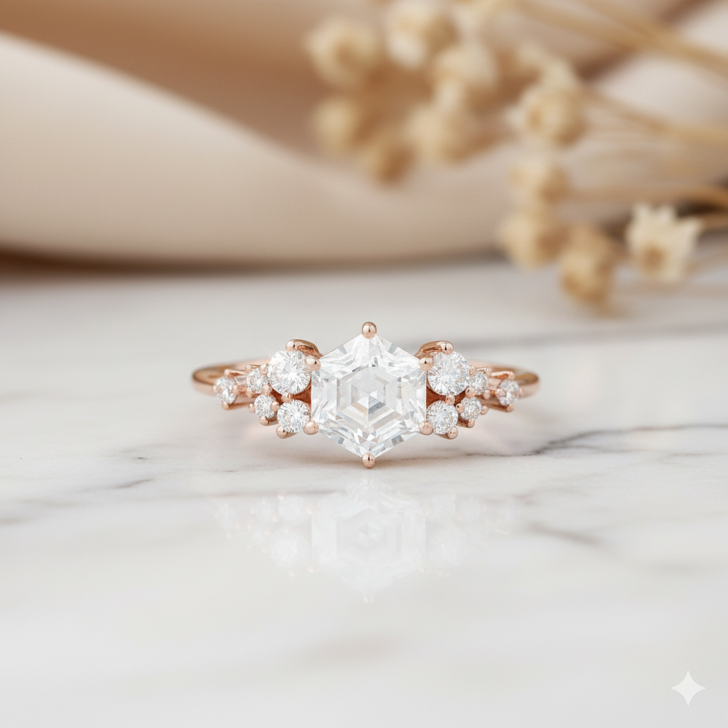 1.200CT Vintage Hexagon Cut Center Stone • Diamond Cluster Bridal Ring