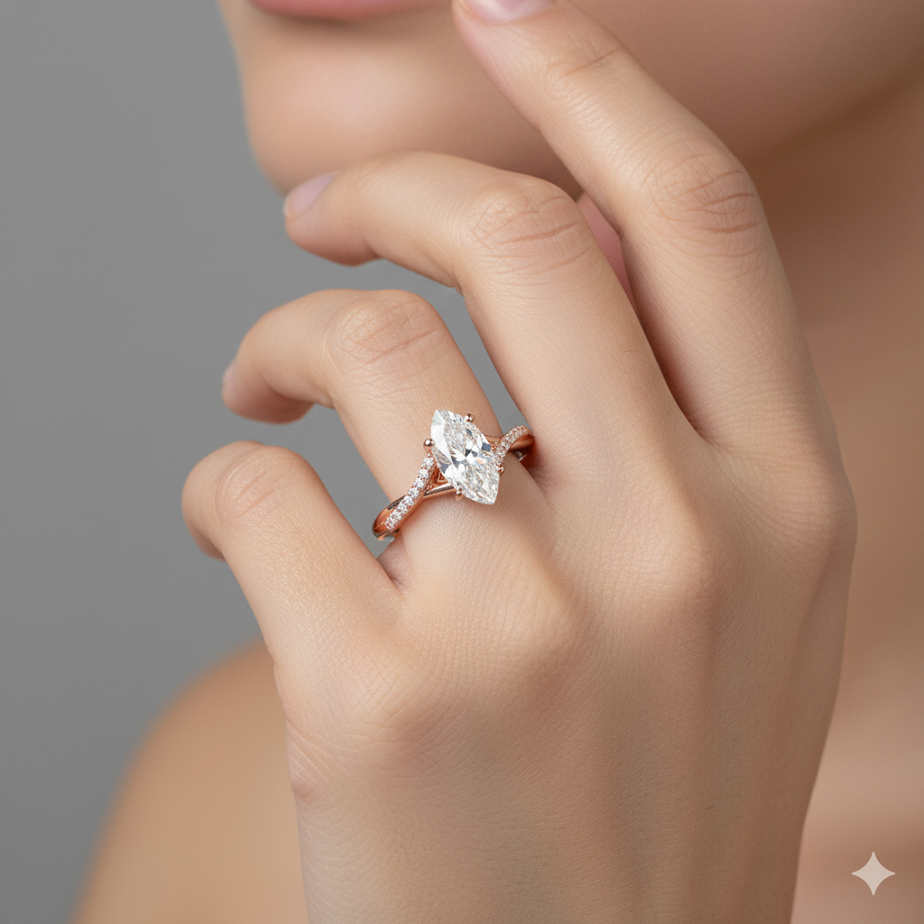 1.08ct Marquise Moissanite Engagement Ring • Rose Gold Split Shank Diamond Ring