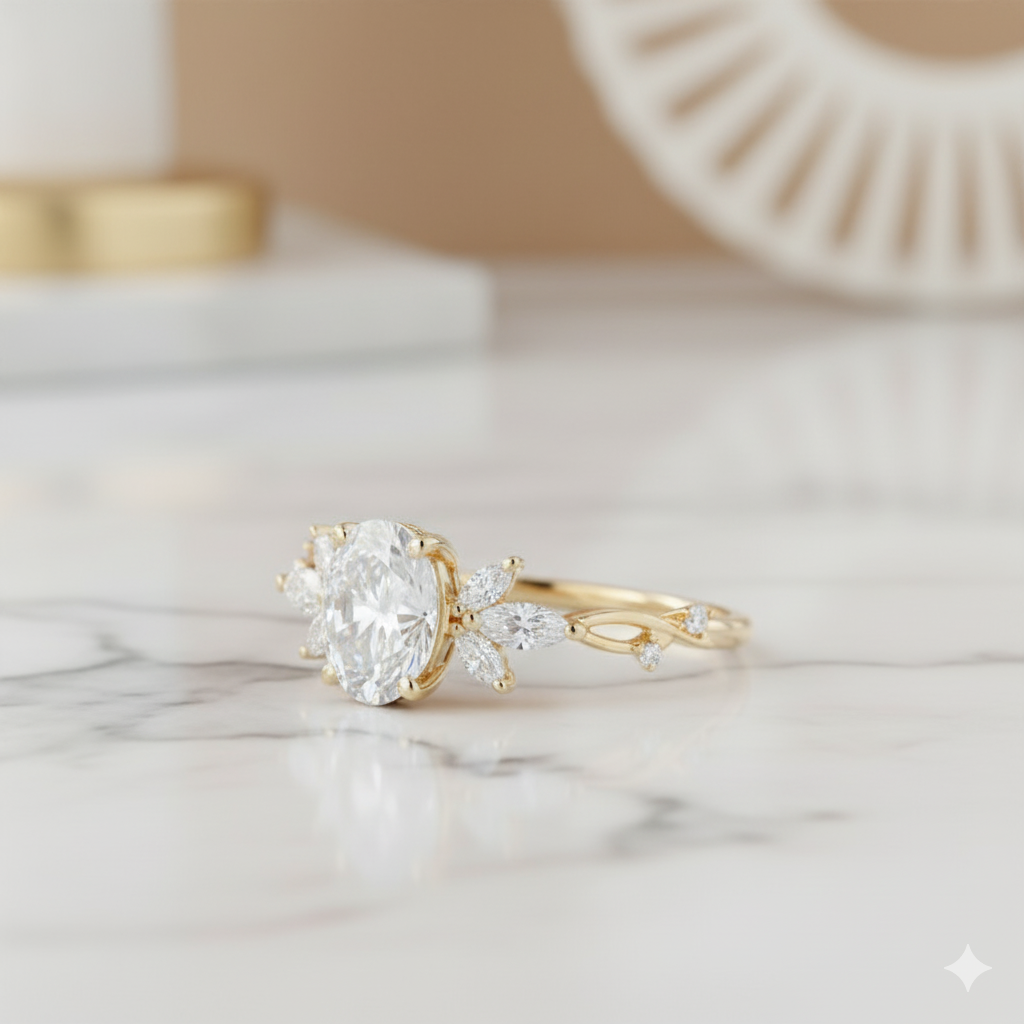 1.500CT Unique Oval Cut Moissanite Engagement Ring 14k Yellow Gold