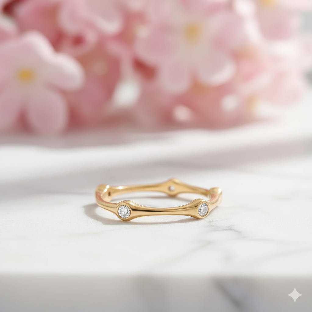 Moissanite Stacking Ring • Solid Gold Bezel Set Band for Women