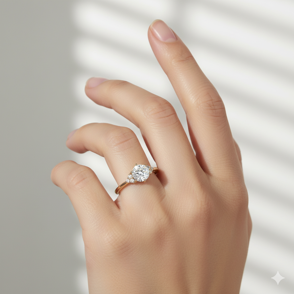 1.06ct Round Cut Moissanite  Cluster Engagement Ring 14K Solid Yellow Gold