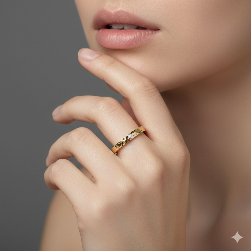 Wedding Band Women • Moissanite Ring • Minimalist Textured Gold Band