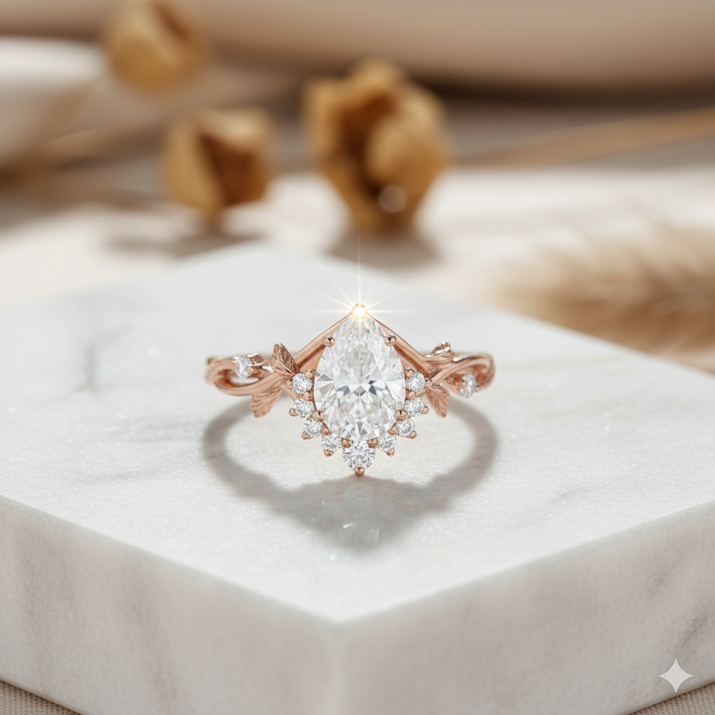 1.390ct Pear Moissanite Leaf Engagement Ring 14K Rose Gold Nature-Inspired Moissanite Ring