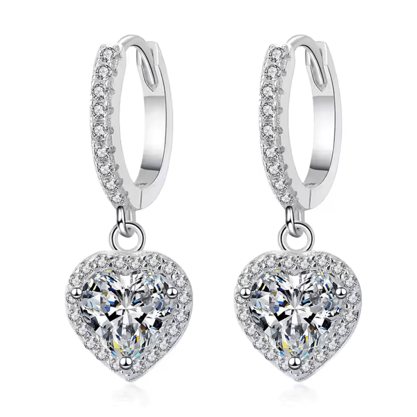 2.160Ct Heart Cut Moissanite Heart Drop-Dangle Hoop Earrings 14K White Gold