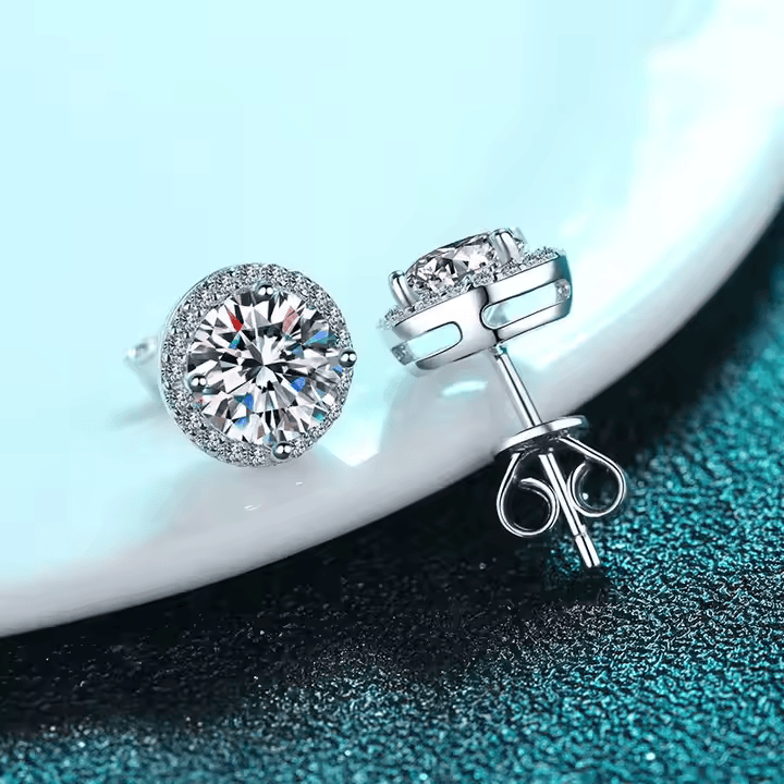 2.00 Ct Halo Diamond Studs With Screw Backs White Gold Moissanite