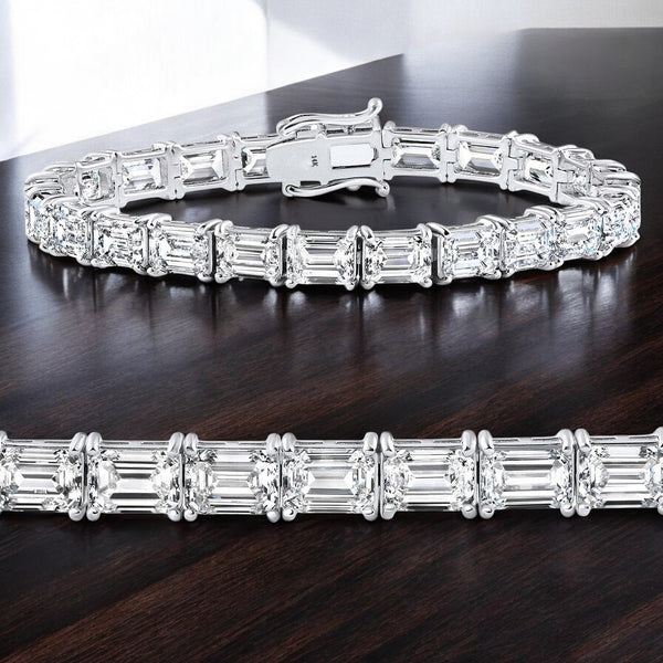 VS 10.00Ct Emerald Cut Diamond East West Tennis Bracelet 14k Gold Moissanite 7"