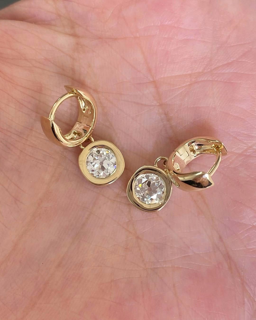 14k Gold Moissanite Hoop Earrings, Small Dangling Diamond Bezel Huggies