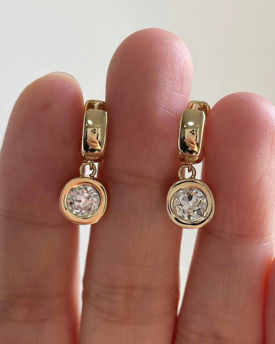 14k Gold Moissanite Hoop Earrings, Small Dangling Diamond Bezel Huggies