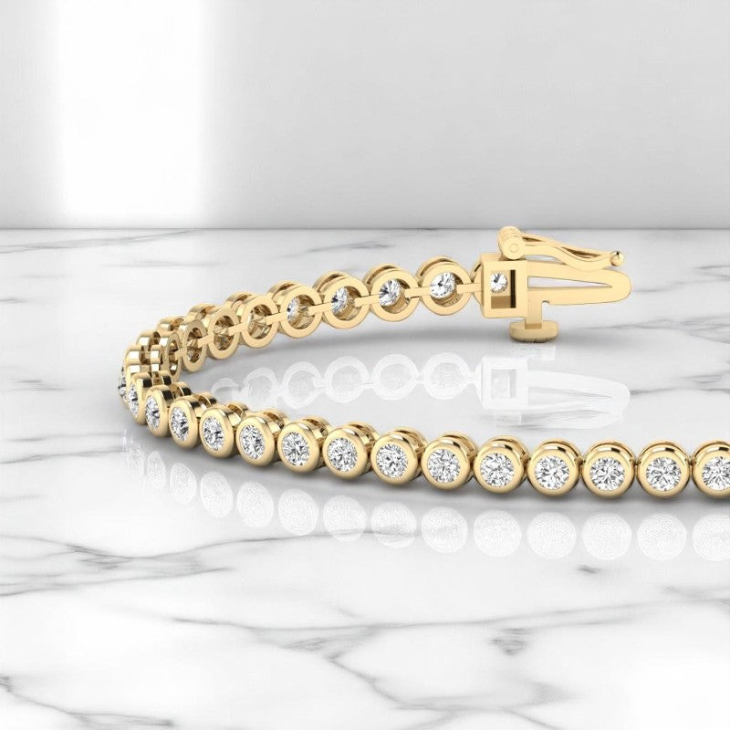 3.00 ct Round cut Elegant Bezel Set Lab Grown Diamond Bracelet, 14K Yellow Gold, Everyday Jewelry