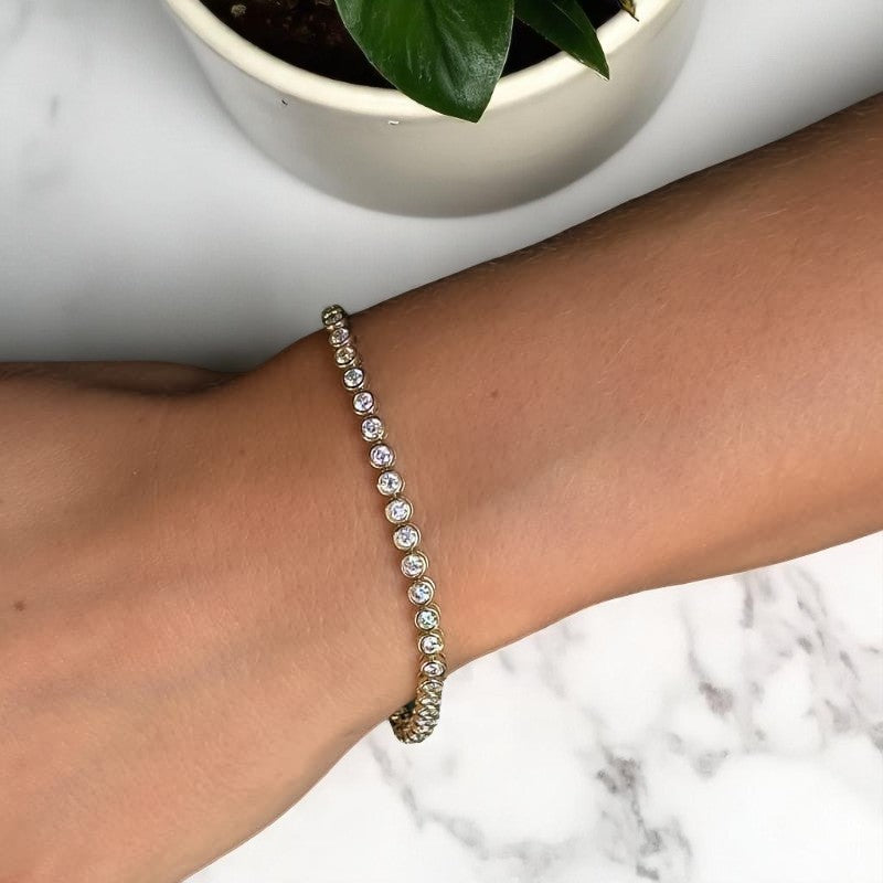 3.00 ct Round cut Elegant Bezel Set Lab Grown Diamond Bracelet, 14K Yellow Gold, Everyday Jewelry