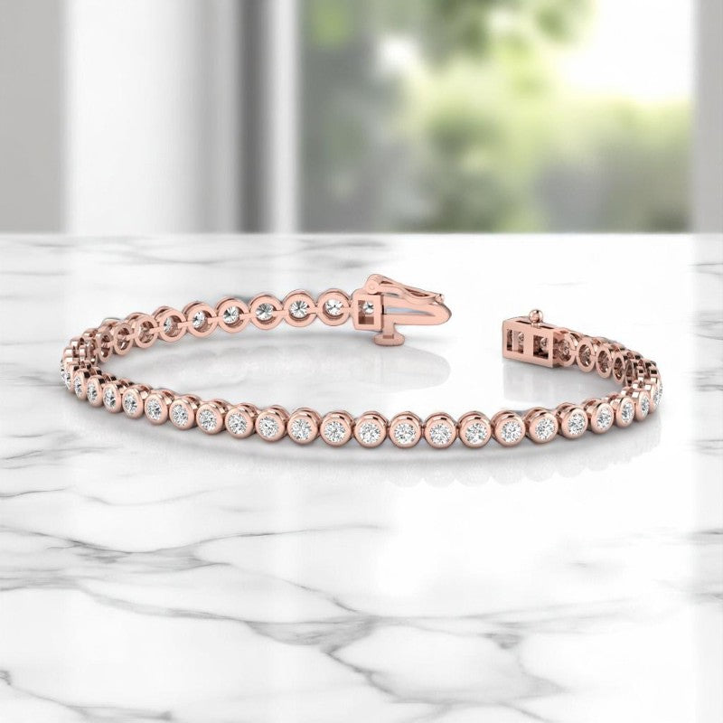 3.00 ct Round cut Elegant Bezel Set Lab Grown Diamond Bracelet, 14K Yellow Gold, Everyday Jewelry