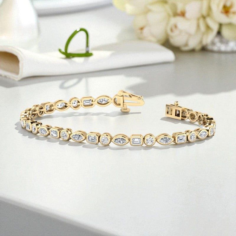 "8.00ct lab grown bezel diamond bracelet on wrist"