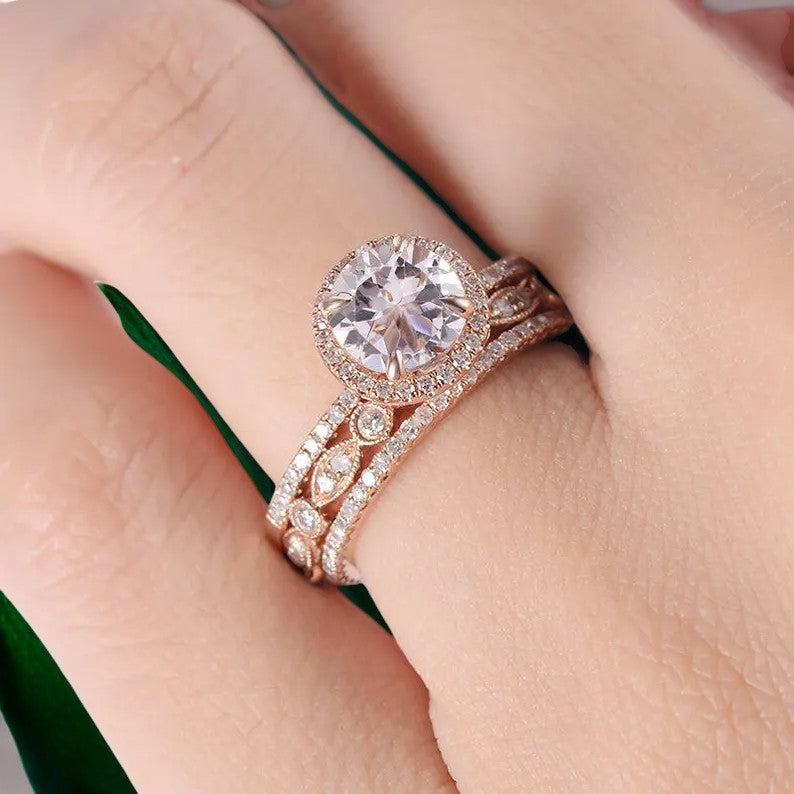 2Ct Round Cut Morganite Wedding Bridal Ring Set Solid 14k Rose Gold