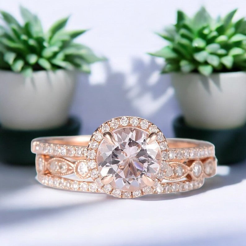 2Ct Round Cut Morganite Wedding Bridal Ring Set Solid 14k Rose Gold