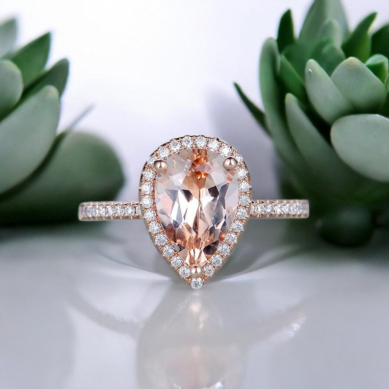 2.250Ct Pear Morganite Halo Women's Engagement Ring 14k Rose Gold