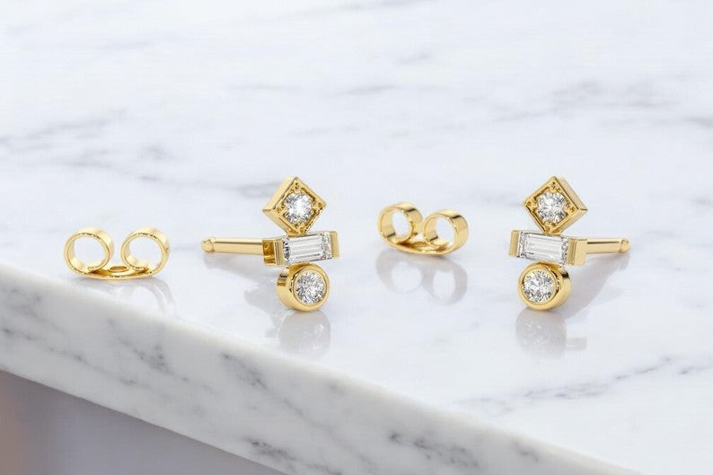 Solid 14k Yellow Gold 0.190ct Baguette Moissanite Stud Earrings