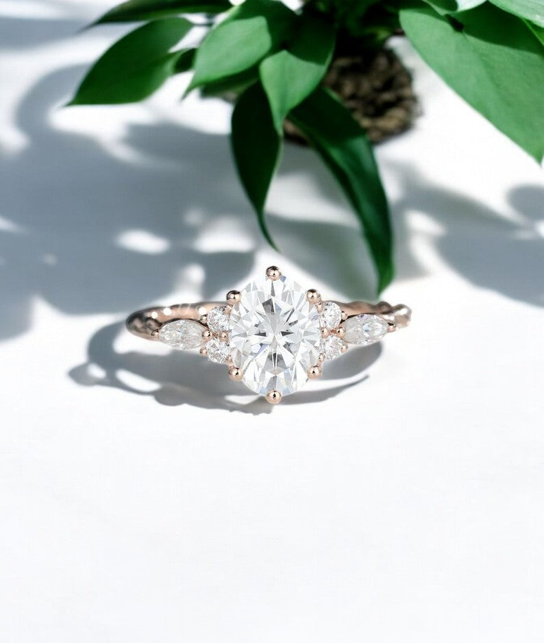 1.250ct Oval Moissanite engagement ring set 14k Rose gold vintage ring set