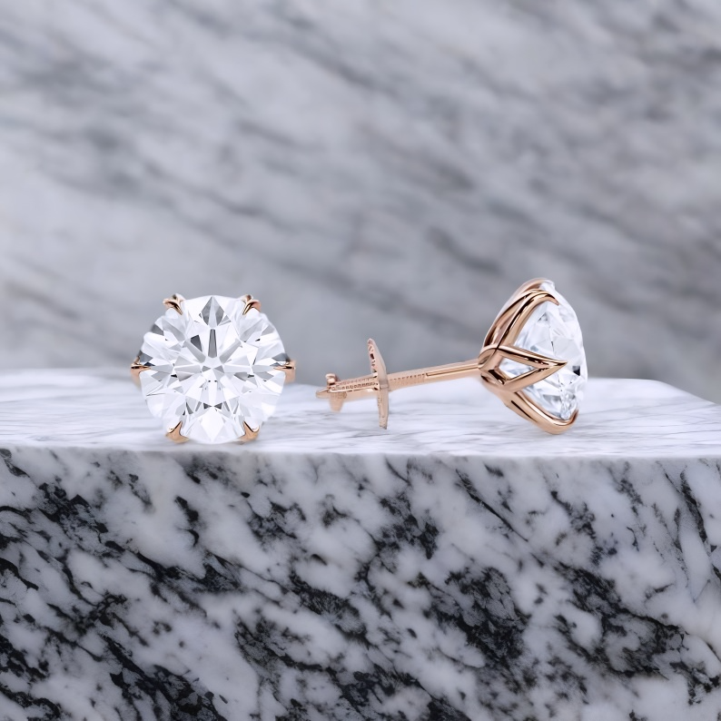 3 Carat Lab Grown Diamond Lotus Stud Earrings • 14K Rose Gold Floral Earrings