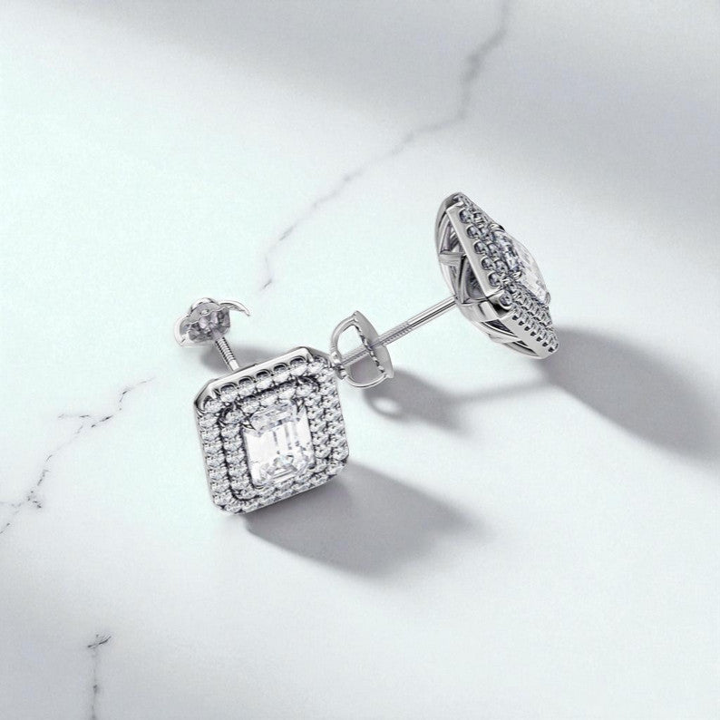 1.5 CTW Emerald Cut Lab Grown Diamond Stud Earrings • Double Halo Earrings