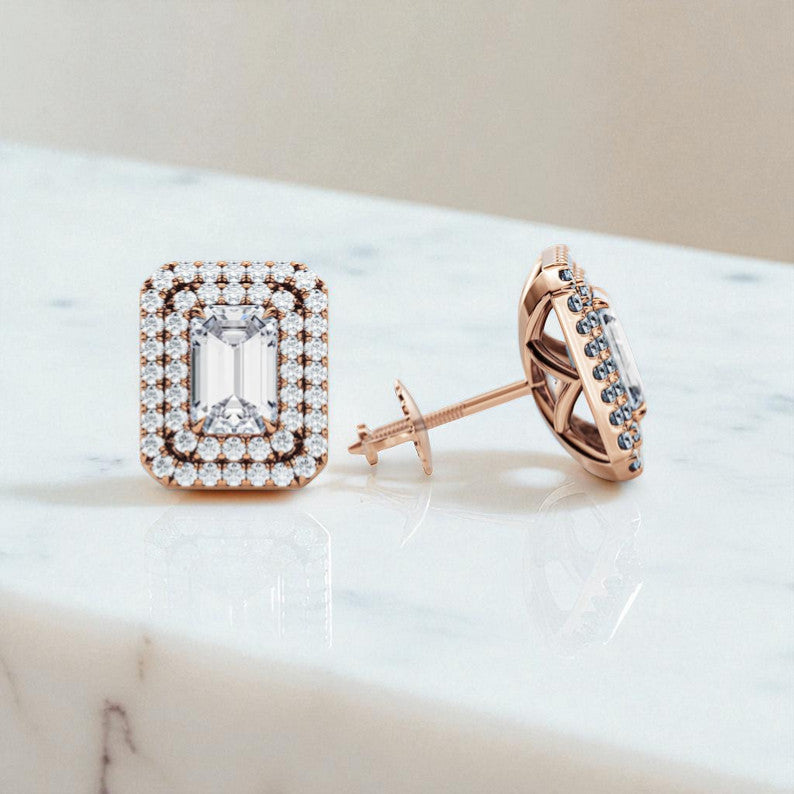 1.5 CTW Emerald Cut Lab Grown Diamond Stud Earrings • Double Halo Earrings