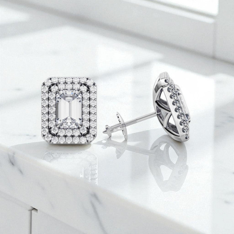 1.5 CTW Emerald Cut Lab Grown Diamond Stud Earrings • Double Halo Earrings