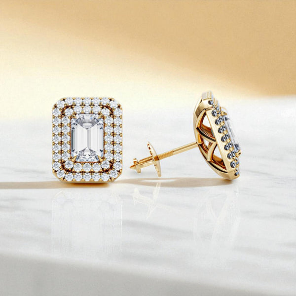 1.5 CTW Emerald Cut Lab Grown Diamond Stud Earrings • Double Halo Earrings